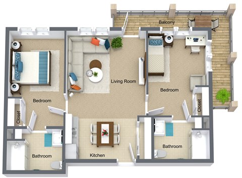 Floor plan for 2 beds, 2 baths, 870 sqft